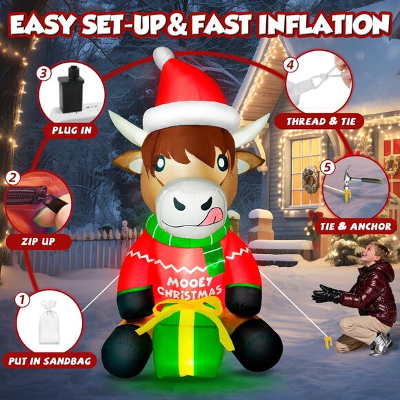 🆕5FT Christmas Inflatables Highland Cow Blow Up Yard Outdoor Decorations - Picture 9 of 9
